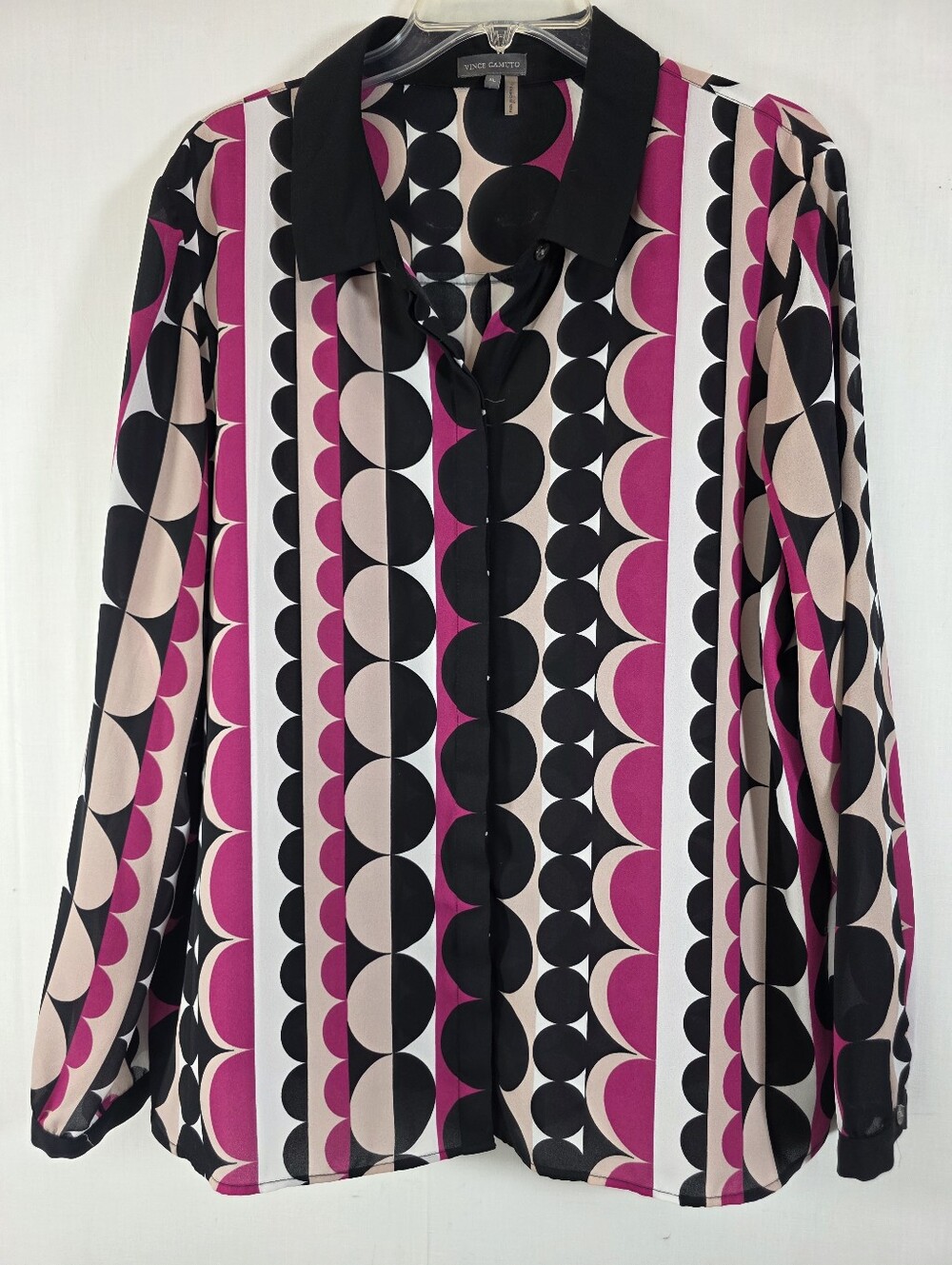 Vince Camuto Black Pink Geometric Print Long Sleeve Button Down Shirt Blouse XL